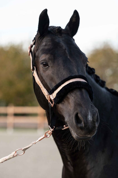 Rosegold Glitter Head Collar with Fur - Soft Padded Horse Headcollar