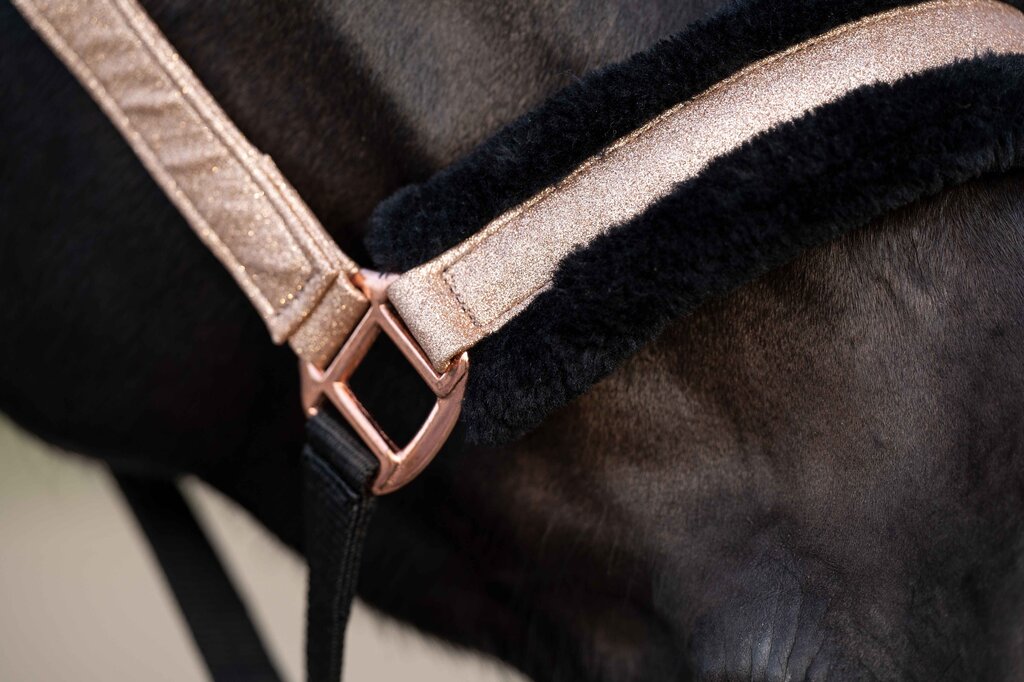Rosegold Glitter Head Collar with Fur - Soft Padded Horse Headcollar